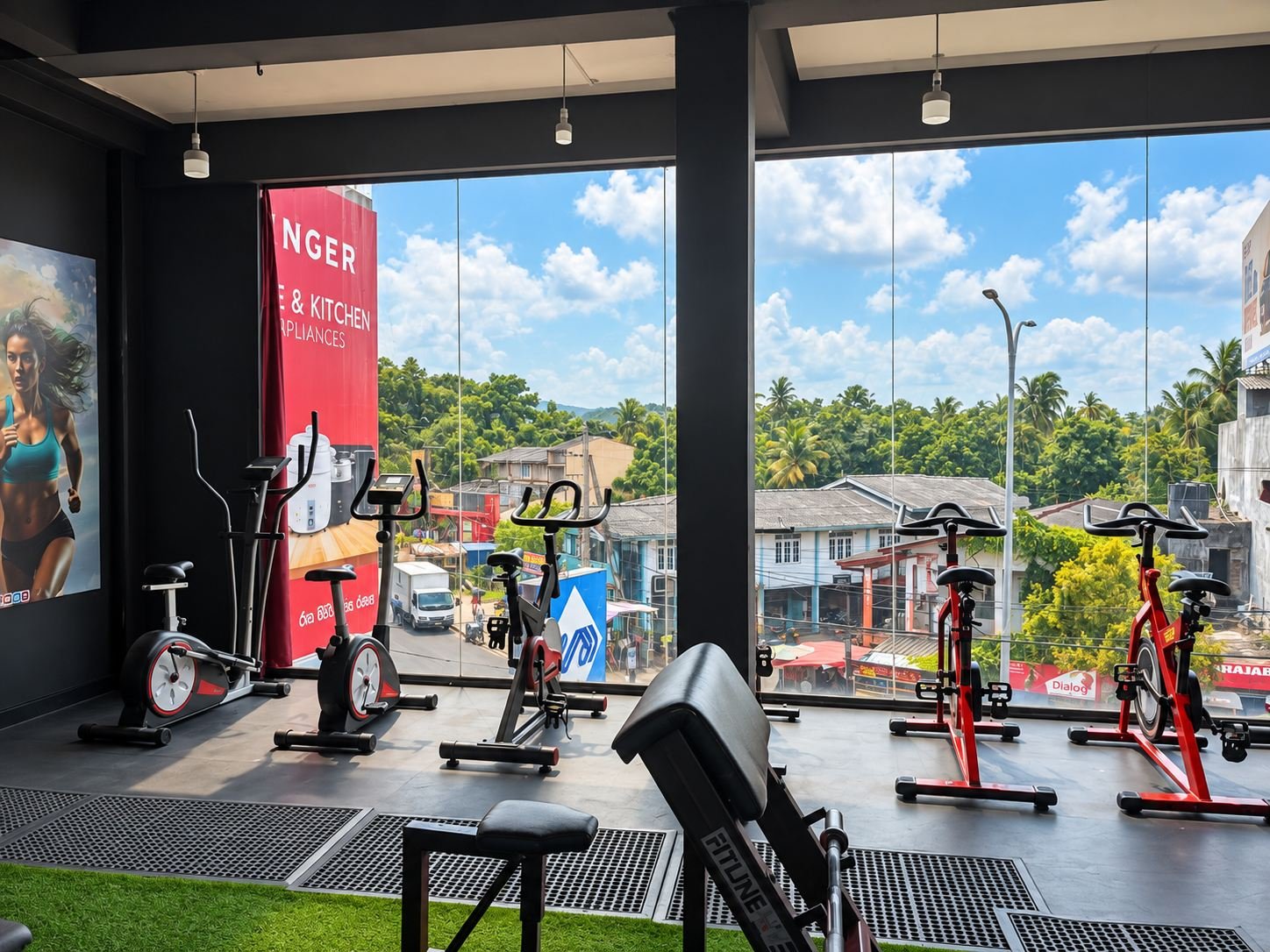 Galewela gym cardio zone with town view